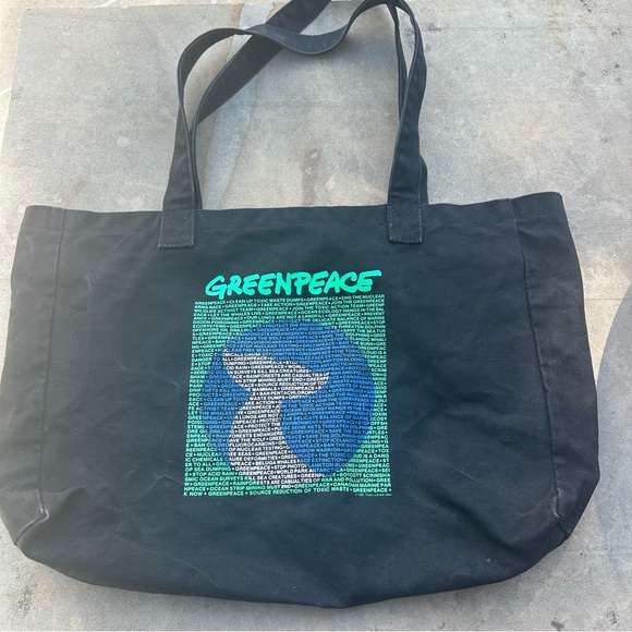 Vintage Greenpeace Whale Graphic Canvas Tote Bag 24x15 Black 90's RARE - Picture 1 of 8